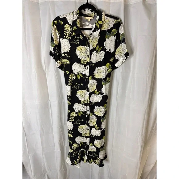 knee length dresses for ladies Donna Karan Women's Cotton-Sateen Floral Midi Shirt Dress in Black